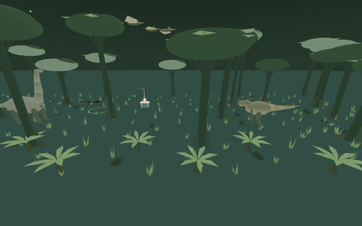 Dinosaurs roaming a green jungle beneath the research facility.