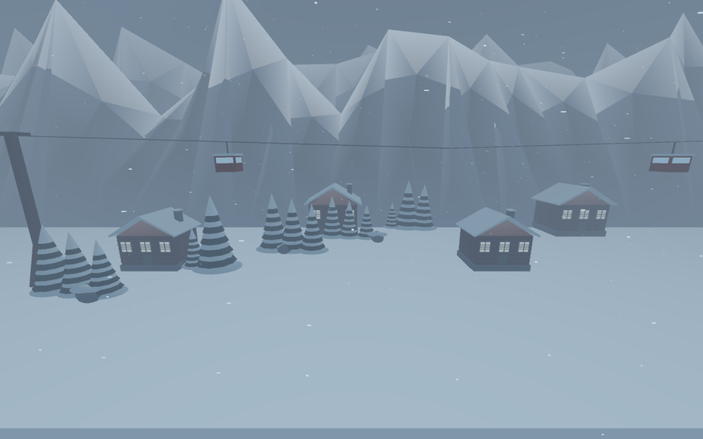 Snowy mountain peaks and gondolas outside the abandoned alpine hotel.